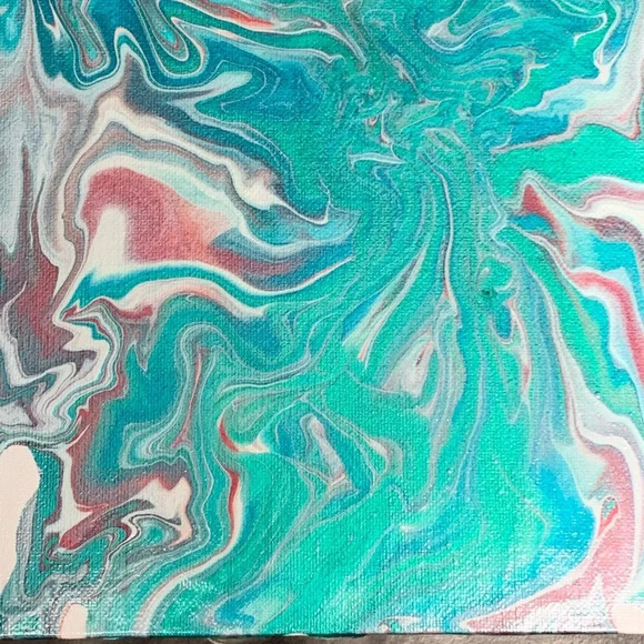 Metallic Wine, Teal, Blue, Silver and White Paint Pour - 8”x8” canvas board - Picture 4 of 8